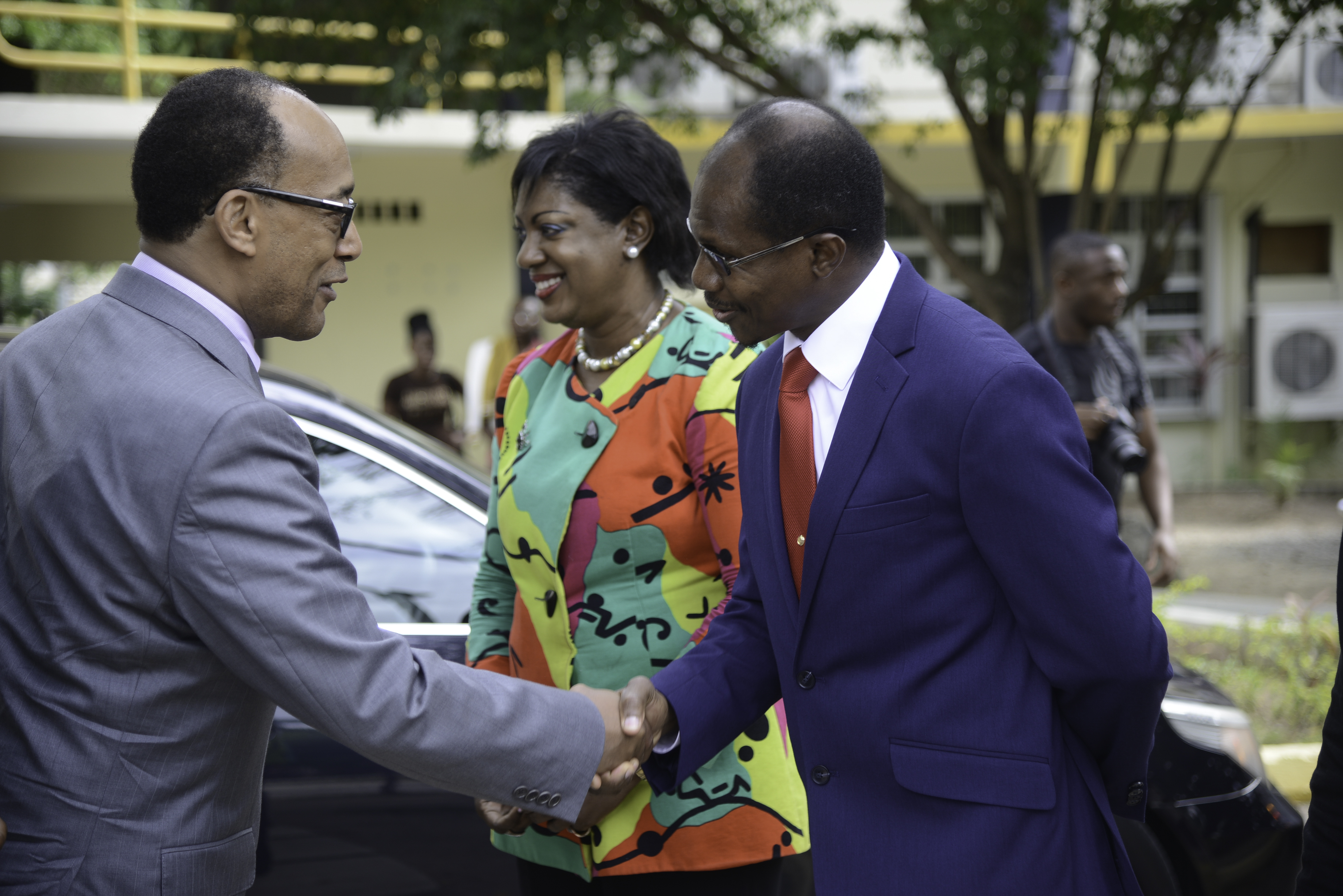 Prince Ermias Sahle Selassie (left), grandson of Ethiopian Emperor Haile Selassie I is greeted by Professor Colin Gyles Acting President of the University of Technology, Jamaica during his visit to the campus of the University of Technology, Jamaica on April 21 2016.