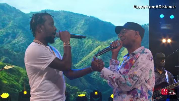 Reggae artistes Popcaan (left) and Beres Hammond perform live during the online “Love from a Distance” concert on Sunday, February 28, 2021.