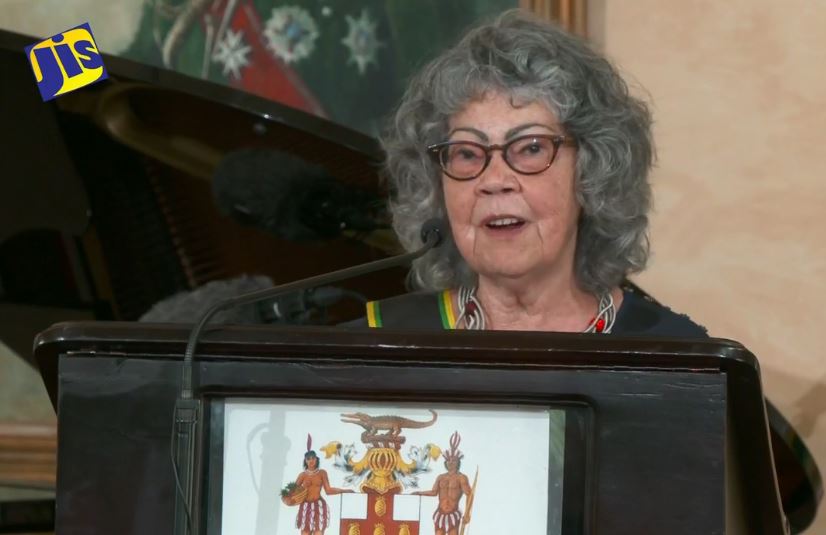 Olive Senior, Jamaica's Poet Laureate 2021-2024 speaks during her Ceremony of Investiture at King's House, Kingston on Wednesday, March 17, 2021. Screenshot from https://www.facebook.com/JISVoice/videos/191160926100520