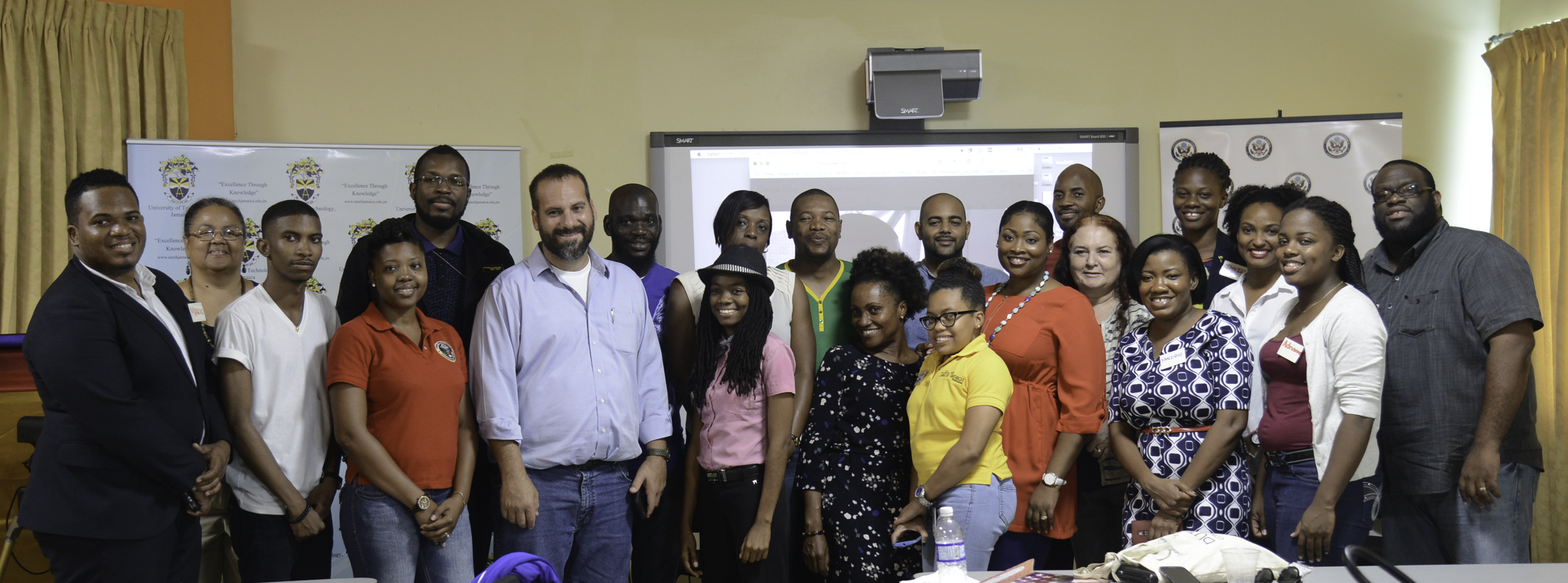 Participants pose with Professor Seth Gitner at the end of the two-day multimedia journalism workshop organised by the United States Embassy at the University of Technology, Jamaica on September 15 2016.