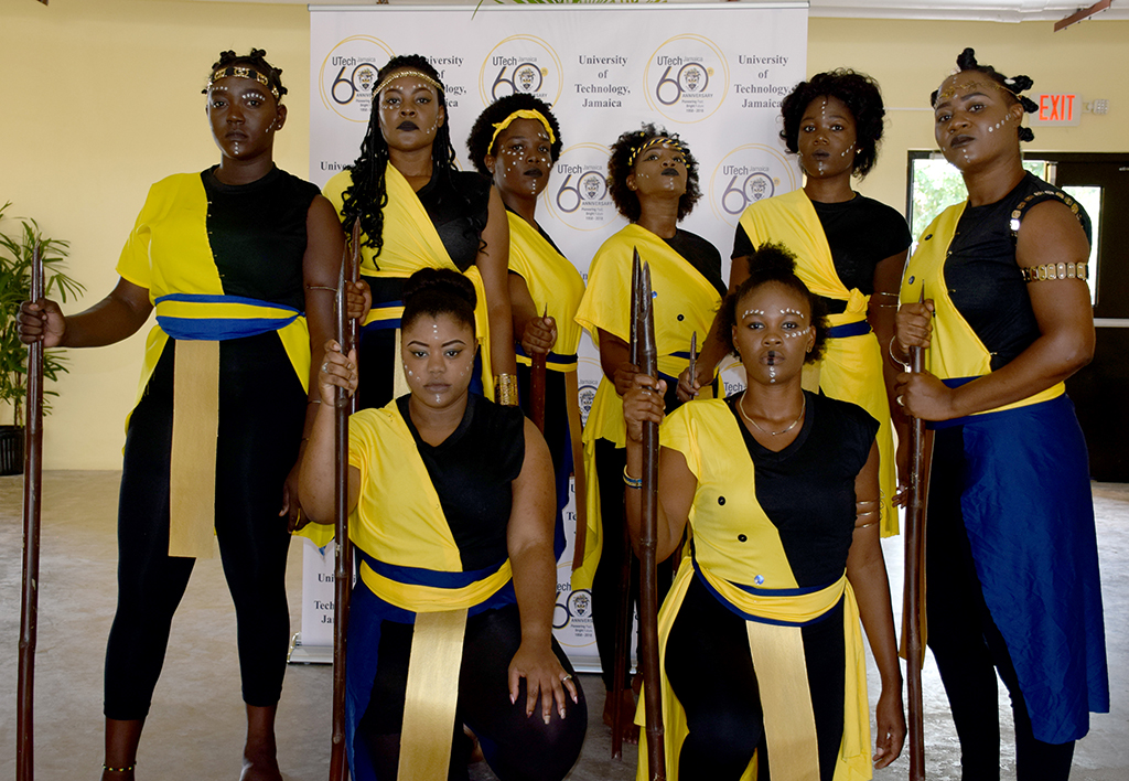 The Drama Elective students from the University of Technology, Jamaica stand in character before performing a cultural piece written and directed by outstanding playwright Ms. Gracia Thompson, Center for the Arts, March 20, 2018. Photograph by UJS News/Chenea Taffe 