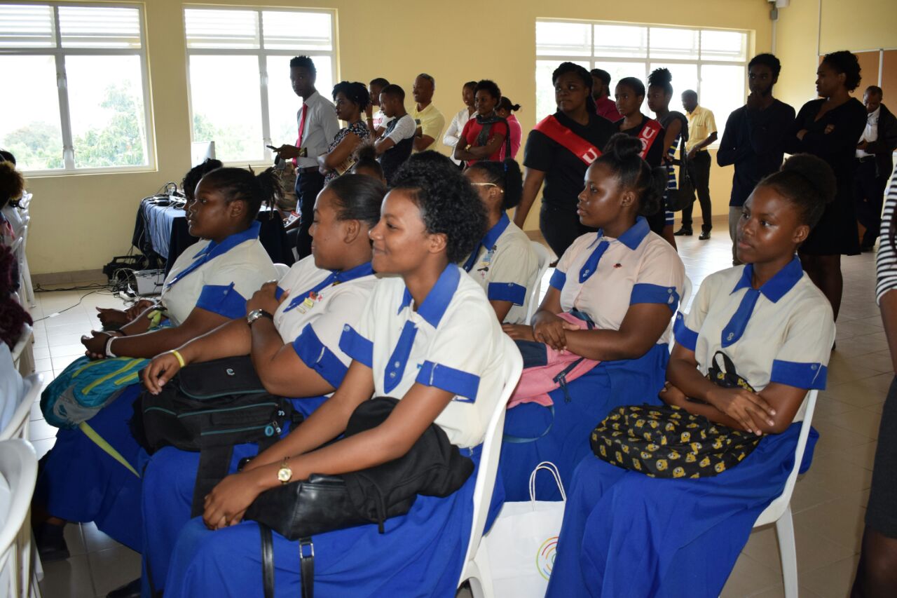Picture 5: Members of the Holy Childhood High School for girls listen keenly during the ceremony prior to the annual BACAT Final Year Student Exhibition at the launch of the final year student exhibition of the BA Communication Arts and Technology programme at the Papine campus of the University of Technology, Jamaica on May 3 2018.
